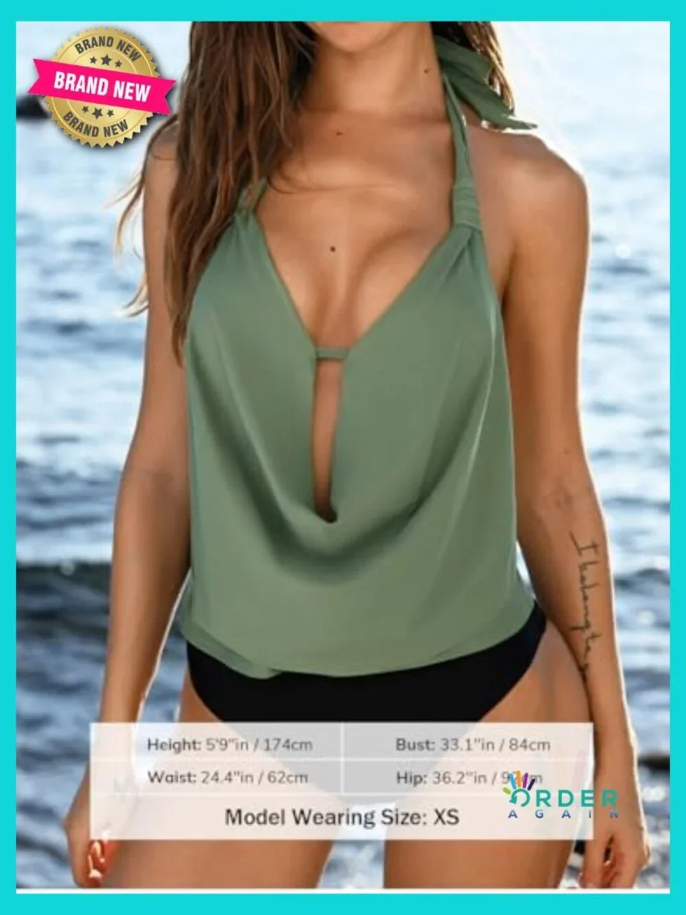 Tankini Bathing Suit Halter Deep V Cowl Neck Low Back High Waisted Swimsuit Set